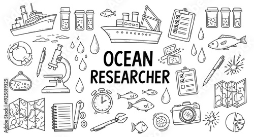 Ocean researcher's tools and findings in a doodle art style