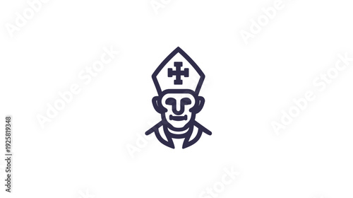 A stylized icon featuring a religious figure wearing a tall hat with a cross, in a minimalist style