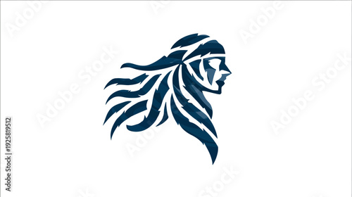 Stylized side profile of a person with flowing hair, in shades of blue. Minimalist design