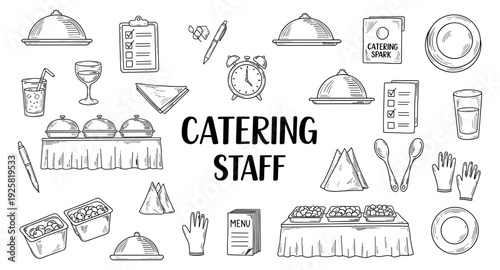 Hand-drawn catering staff icons and elements for event planning and service