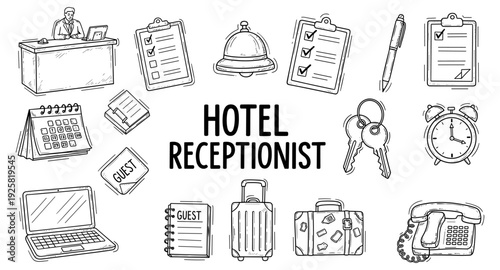 Collection of hotel receptionist icons and elements for hospitality services