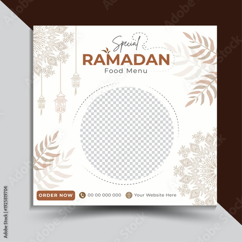 Ramadan Kareem Iftar Special Food Menu Restaurant Design For Social Media Promotional Ads Post, Web Banner, Flyer, Leaflet, Poster template with stars and lantern decoration with mockup