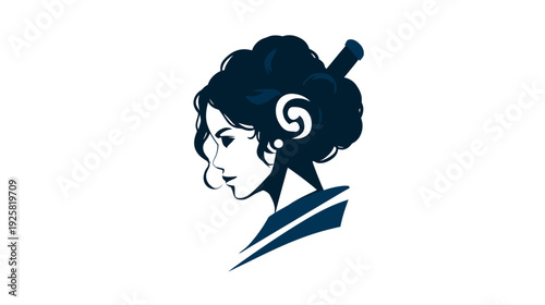 A silhouette illustration of a woman in profile. Her hair is dark with an ornate bun and a weapon