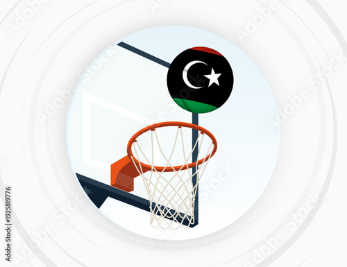 Libya Flag Themed Basketball in Motion, Scoring Moment in Basketball Game.