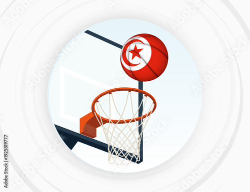 Tunisia Flag Themed Basketball in Motion, Scoring Moment in Basketball Game.