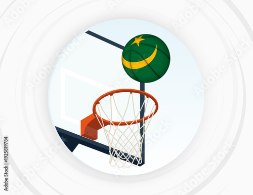 Mauritania Flag Themed Basketball in Motion, Scoring Moment in Basketball Game.