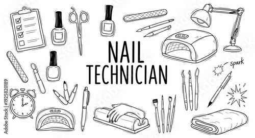 Nail technician tools and supplies doodle art for beauty salon and manicure services