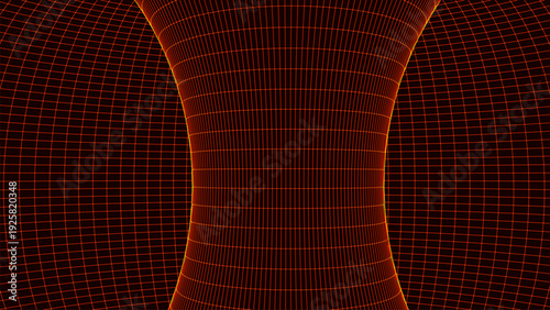 An abstract geometric figure constructed from a light coordinate grid against a rich red background. The central area gently compresses, creating an effect of spatial tension and a smooth curvature of