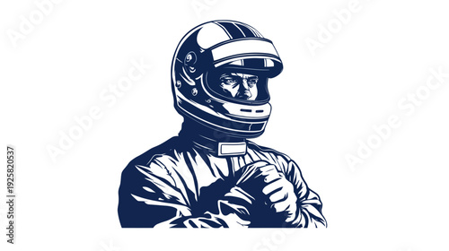 Stylized illustration of a racing driver wearing a helmet and suit, staring intently