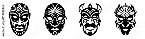 Tribal mask set with intricate patterns and bold designs vector illustration icon pack