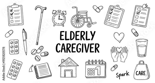 Elderly caregiver icons and symbols representing health, home, and daily care tasks