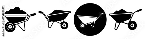 Wheelbarrow icons set flat design minimalist silhouette vector illustration black and white