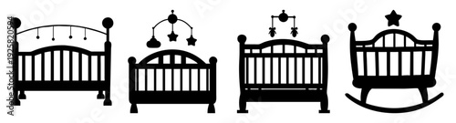 Baby crib nursery furniture set flat design vector illustration with rocking chair and toys scalable icons