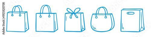 Collection of five blue hand-drawn shopping bag illustrations in a doodle style, perfect for retail, gift, and e-commerce designs.