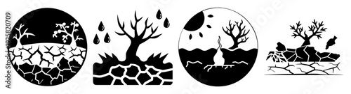 Drought and nature crisis silhouette vector icon pack, minimalist flat design tree and water symbols vector illustration