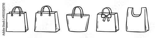 Set of hand-drawn doodle shopping bags and gift bags in black ink line art. Isolated vector illustrations for retail, commerce, and gift themes.