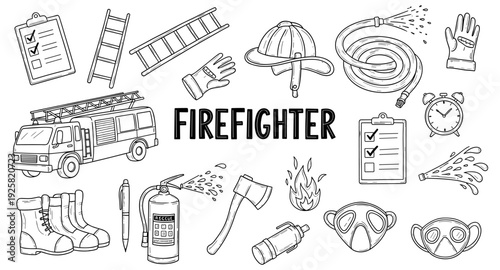Collection of firefighter equipment and symbols in a doodle art style