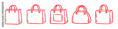 Set of five hand-drawn red shopping bag icons and handbags on a white background. Doodle style fashion and retail illustration.