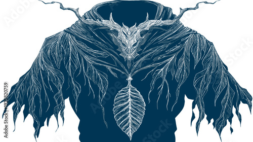 Stylized digital illustration of a hooded figure, adorned with ornate, detailed designs and a central leaf