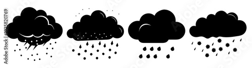 Four cloud silhouettes with hail falling vector illustration flat design icon pack scalable graphic