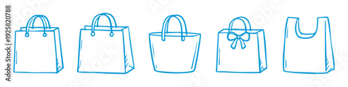 Set of hand-drawn blue shopping and gift bag icons on a white background, ideal for retail and commerce design projects.