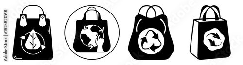 Reusable shopping bag set with eco-friendly recycling symbols vector illustration flat design