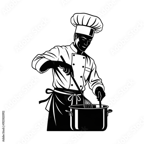 Black and white chef cooking food isolated on transparent background.