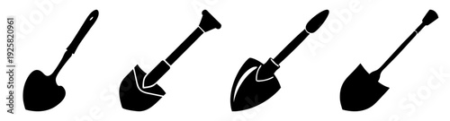 Set of five shovel silhouettes flat design vector illustration for gardening and construction tools icon pack