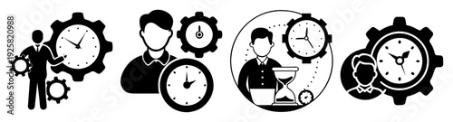 Time management and productivity flat design vector illustration with clocks, gears, and business silhouettes