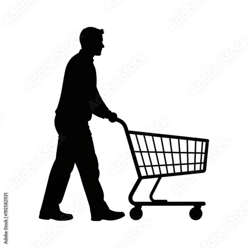 Man pushing shopping cart silhouette isolated on transparent background.
