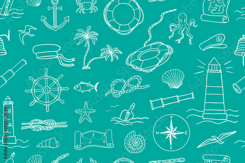 Seamless pattern of nautical theme. Hand drawn.  Adventure, travel, summer.