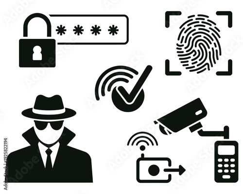 Cybersecurity concept icon set, comprehensive vector collection including password protection, fingerprint authentication, spy silhouette, electronic key, and surveillance camera, 