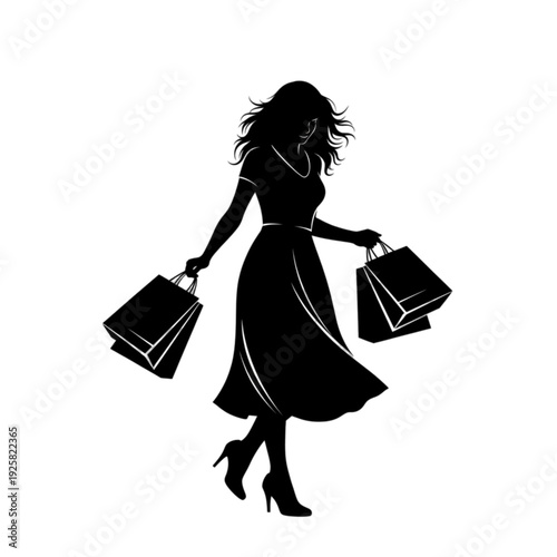 Woman Carrying Shopping Bags Silhouette isolated on transparent background.
