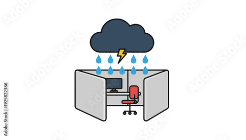 Isometric office cubicle with localized rain cloud representing workplace depression and professional burnout syndrome.
