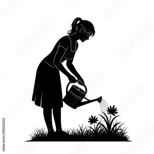 Woman watering flowers with a can isolated on transparent background.
