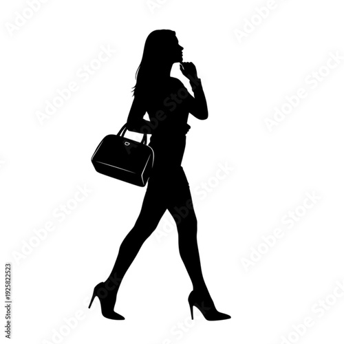 Silhouette of woman walking with handbag isolated on transparent background.