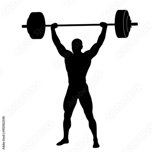 Man lifting heavy weights overhead strong isolated on transparent background.