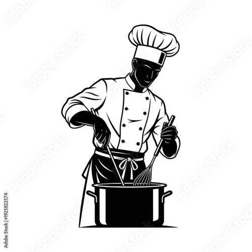 Chef cooking in a large pot isolated on transparent background.