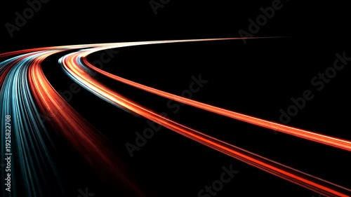 A dynamic, curved, abstract visual with streaks of color against a dark background, evoking speed