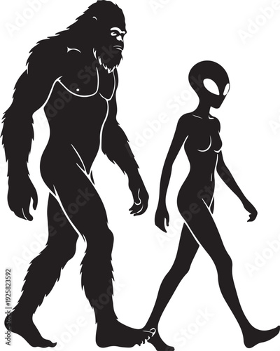 bigfoot and alien woman silhouette