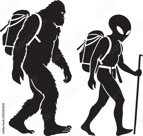 bigfoot and alien hiking silhouette