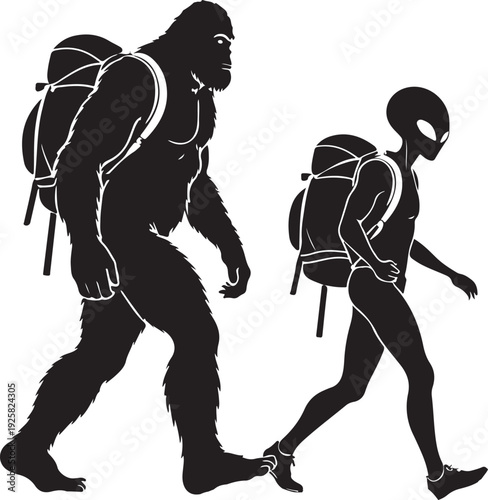 bigfoot and alien hiking silhouette