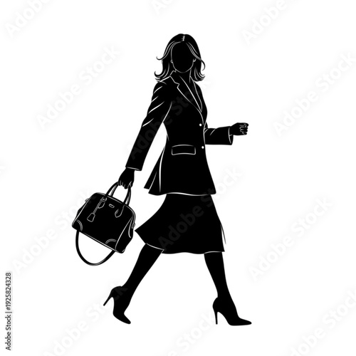 Businesswoman walking with briefcase in hand isolated on transparent background.