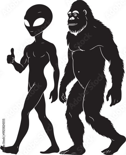 bigfoot and alien walking silhouette