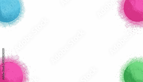 Colorful illustration of pink, green, and blue powder splatters on a white background, ideal for Holi Festival Day decoration or social media design with a vibrant and playful mood.