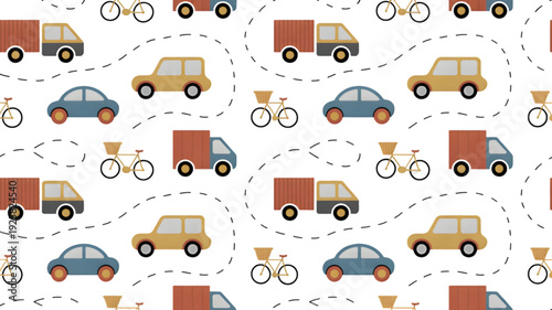 Vehicles and bicycles on road patterns isolated on transparent background.