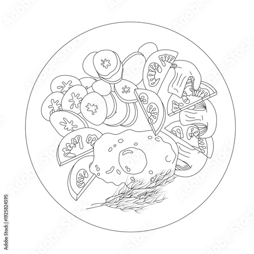 A breakfast of scrambled eggs, fresh tomatoes, mushrooms, fried vegetables, and a sprig of dill. Food on a plate in doodle style. Vector illustration isolated on a white background.