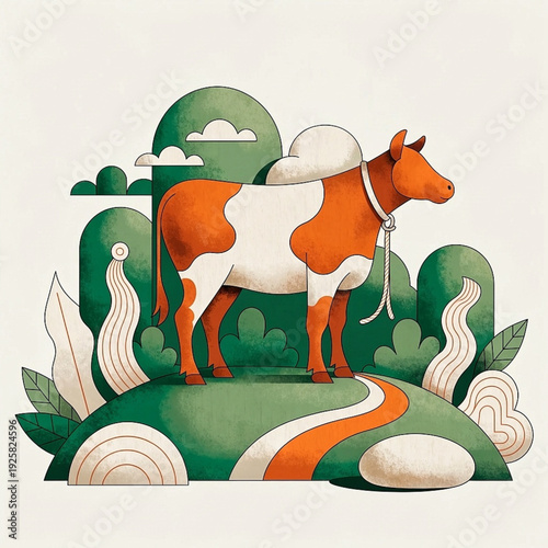  a brown and white cow with a bell on green layered hills beside a large layered green tree and abstract cloud shapes on a light background.