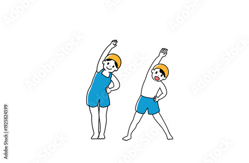 水着を着て準備体操をする子供たちのイラスト　水泳とプール　手書きベクター素材