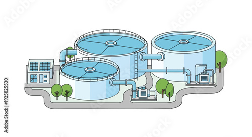 Water treatment plant illustration showing an isometric view of a sustainable wastewater facility with purification tanks, solar panels, and industrial piping for environmental engineering concepts.